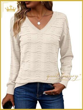 Womens Crochet Knit Pullover Sweater V Neck Long Sleeve Lightweight Fall Tops